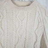 Vintage Handmade 90s Fisherman Cable Knit Wool Aran Sweater Mens size L XL Cream