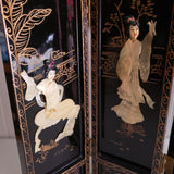 Vintage Asian Black Lacquer Wood Folding 4 Panel Table Screen Mother of Pearl