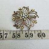 Vintage Floral Hollow Metal Jeweled Rhinestones Brooch Pin 2 inches