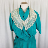 Vintage Carole M Studio Wrap Blouson Lace Collar Pleated Twirl Skirt Dress Womens size 12 Day Dress