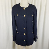 Marella Worsted Wool Navy Blue Collarless Jacket Blazer Womens 8 Crest Buttons