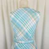 LL Bean Linen Cotton Blue Green Plaid Faux Wrap Dress Summer Womens 4
