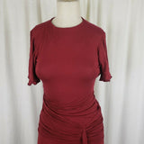 Mary Crafts Ruffled Ruched Gathered Fitted Jersey Knit Midi Dress Womens 0 Red