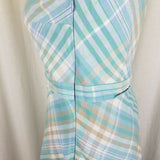 LL Bean Linen Cotton Blue Green Plaid Faux Wrap Dress Summer Womens 4