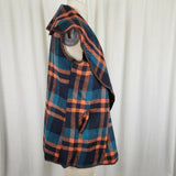 Vegan Wool Wide Collar Tartan Plaid Open Front Swing Vest Womens M Stretch Blue