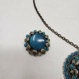 Turquoise Beads Medallion Pendant Silver Filigree Statement Necklace Earrings