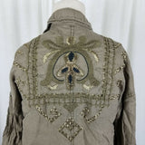 Free People Embroidered Linen Cargo Jacket Slouchy Canvas Safari Womens S Khaki