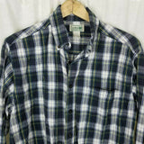 LL Bean Tartan Plaid Flannel Button Up Long Sleeve Camp Shirt Mens M Blue Yellow