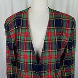 Chaus Tartan Scotch Plaid Wool Collarless Blazer Jacket Womens L XL Vintage 80s