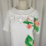 Vintage 50s Mini Mod Pixel Linen Crochet Bakelite Beaded Floral Womans Dress S