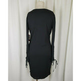 Vince Camuto Rich Black Ribbed Grommet Lace Up Sleeve Sheath Mini Dress Womens M