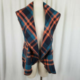 Vegan Wool Wide Collar Tartan Plaid Open Front Swing Vest Womens M Stretch Blue