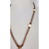 Carved Iridescent Mother of Pearl Shell Pendant Wood Beads NECKLACE Jewelry
