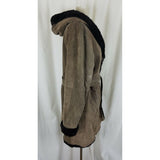 Vintage Suede Leather Deep Pile Faux Fur Lined Belted Hooded Wrap Coat Womens L