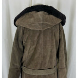 Vintage Suede Leather Deep Pile Faux Fur Lined Belted Hooded Wrap Coat Womens L