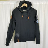 Naketano Hooded Pullover Sweatshirt Hoodie Womens M Melange Patches Cowl Neck