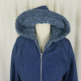 Vintage Hooded Deep Pile Fur Fleece Lined Blue Denim Jean Jacket Womens S XS 70s