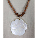 Carved Iridescent Mother of Pearl Shell Pendant Wood Beads NECKLACE Jewelry