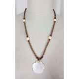 Carved Iridescent Mother of Pearl Shell Pendant Wood Beads NECKLACE Jewelry