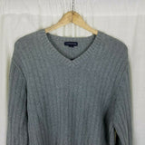 Lands End Ribbed Striped Cotton Cable Knit VNeck Sweater Mens L Gray Vintage