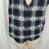 Vintage American Blue Southwestern Aztec Tribal Plaid Vest Mens M Waistcoat