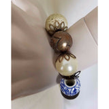 Chunky Large Beads Cobalt Blue Faux Pearls Bronze Beaded Stretch Bracelet Asian