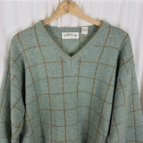 Vintage VNeck Wool Windowpane Plaid Pullover Knit Sweater Mens L Green Brown