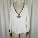 Inca Heavily Beaded Trim Linen VNeck Bell Sleeve Tunic Top Blouse Womens M India