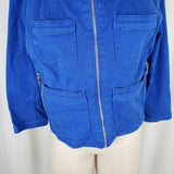 Ellen Tracy Denim Bright Blue Jean Jacket Womens L Collarless Zippered Zip Up