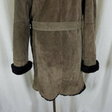 Vintage Suede Leather Deep Pile Faux Fur Lined Belted Hooded Wrap Coat Womens L