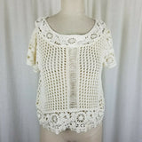 Short Sleeve Floral Crochet Loose Knit Sweater Top Tunic Womens S M Ivory Cream