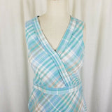 LL Bean Linen Cotton Blue Green Plaid Faux Wrap Dress Summer Womens 4