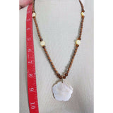 Carved Iridescent Mother of Pearl Shell Pendant Wood Beads NECKLACE Jewelry