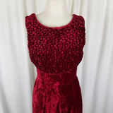 Vintage Crushed Red Velvet Maxi Dress Womens S Formal PomPom Textured Top Empire