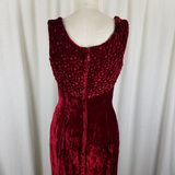 Vintage Crushed Red Velvet Maxi Dress Womens S Formal PomPom Textured Top Empire