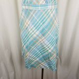 LL Bean Linen Cotton Blue Green Plaid Faux Wrap Dress Summer Womens 4