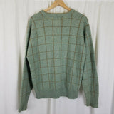 Vintage VNeck Wool Windowpane Plaid Pullover Knit Sweater Mens L Green Brown