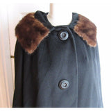 Juilliard Fabric Mid Century Mod Fur Collar Wool Coat Cloak Womens S M USA Black