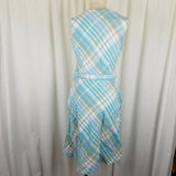 LL Bean Linen Cotton Blue Green Plaid Faux Wrap Dress Summer Womens 4