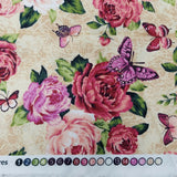 Antique Roses Floral Butterfly Fabric Hobby Lobby Screenprinted Cotton 2 yards