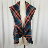 Vegan Wool Wide Collar Tartan Plaid Open Front Swing Vest Womens M Stretch Blue