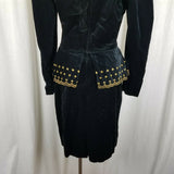 Jan Briggs Black Velvet Peplum Dress Gold Embellishments Womens 12 Vintage 80s