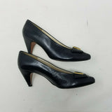 Evan Picone Black Leather Pumps Gold Bow Shoes Kitten Heels Low Womens 6.5 Spain