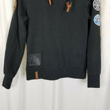 Naketano Hooded Pullover Sweatshirt Hoodie Womens M Melange Patches Cowl Neck