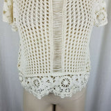 Short Sleeve Floral Crochet Loose Knit Sweater Top Tunic Womens S M Ivory Cream