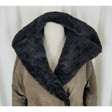 Vintage Suede Leather Deep Pile Faux Fur Lined Belted Hooded Wrap Coat Womens L