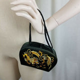 Vintage Embroidered Chinese Dragon Black Silk Handbag Purse Mirror Chinese Japan