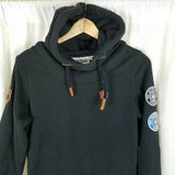 Naketano Hooded Pullover Sweatshirt Hoodie Womens M Melange Patches Cowl Neck