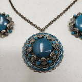 Turquoise Beads Medallion Pendant Silver Filigree Statement Necklace Earrings
