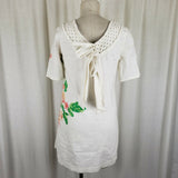 Vintage 50s Mini Mod Pixel Linen Crochet Bakelite Beaded Floral Womans Dress S